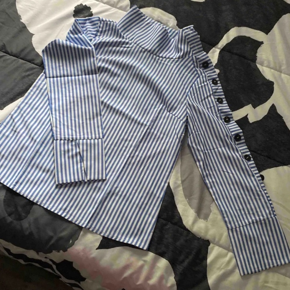 Blue & White Striped Button-Trim High Neck Shirt - Picture 6 of 6
